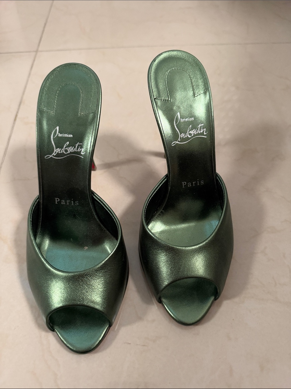 Christian Louboutin Metallic Forest Green Open-Toe Mules